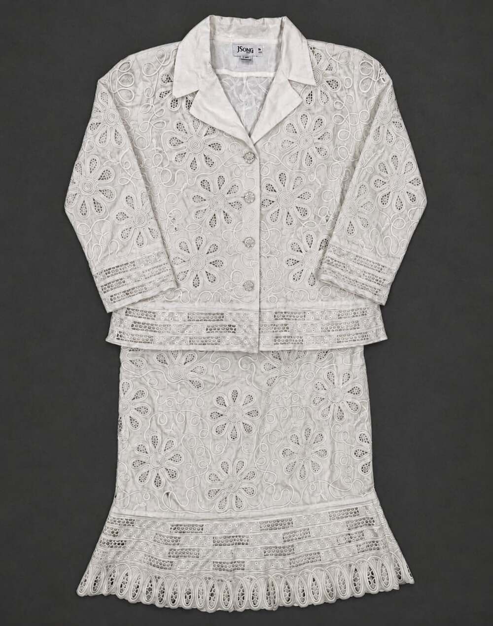 Vintage JSong White Linen Embroidered 2 Pc Skirt Suit Set Floral Eyelet Sz 20